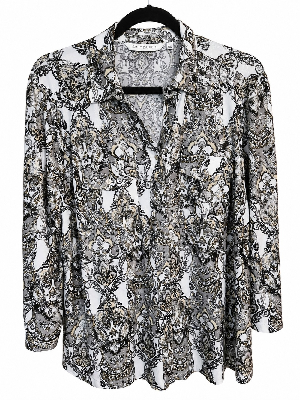 Women's Metallic Black, Cream and Silver Paisley Button-Front Blouse